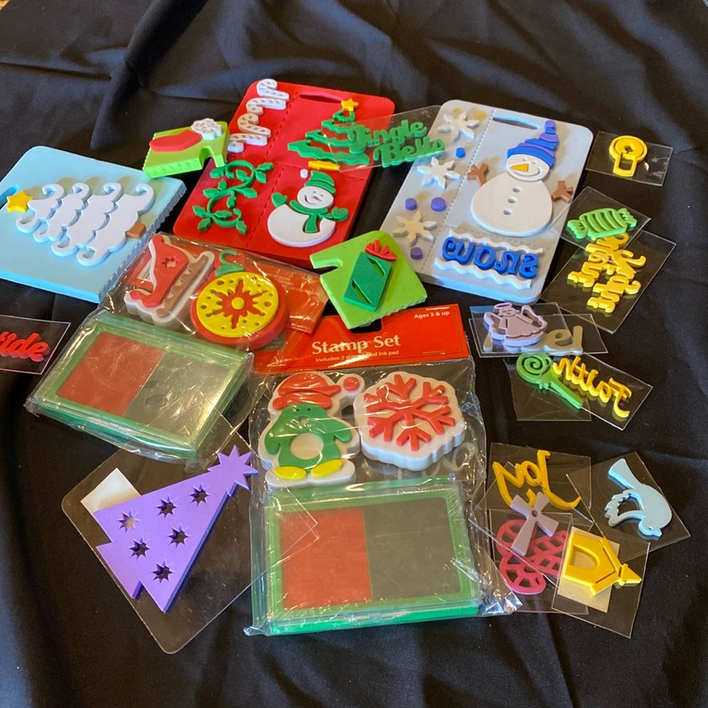 Holiday Decorating Kit with Christmas Themed Stamps and ink pads. 30